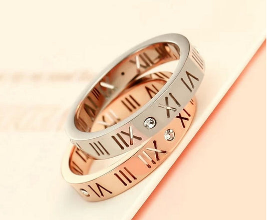 Titanium Steel Couple Rings with Roman Numeral and Diamond Accent Matching Bands His and Hers Anniversary Rings 4MM