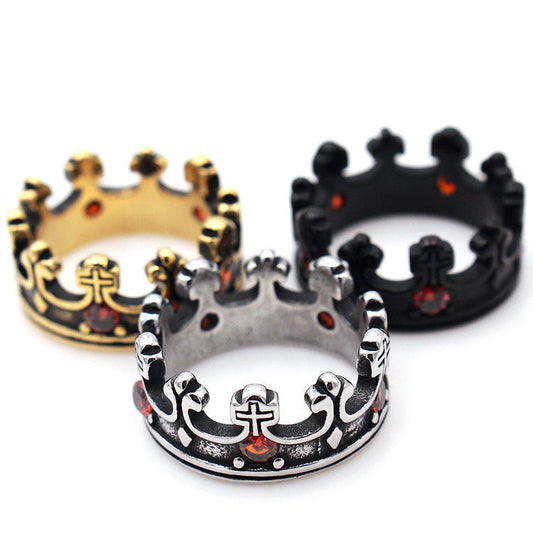 Mens Vintage Titanium Steel Ring 10mm Wide Band Crown Red Diamond Detail Durable Fashion Jewelry Gift Worth It