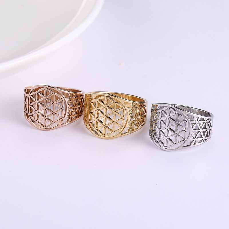 Stainless Steel Ring Flower of Life Design Durable Elegant Band Everyday Wear Jewelry Gift Women Men Hypoallergenic