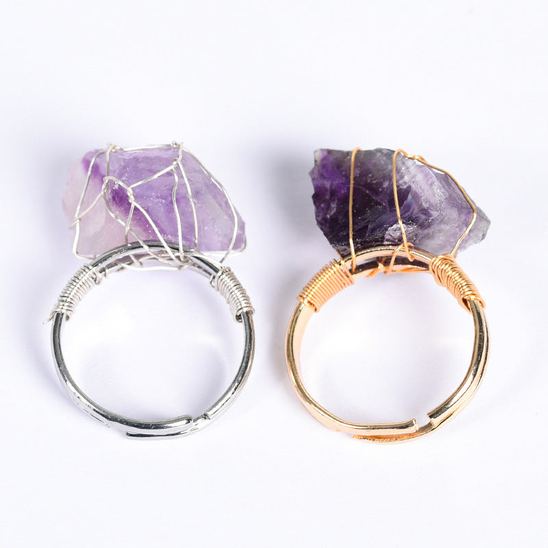 Adjustable Crystal Ring With Geometric Design In Gold And Silver Oval Elements Featuring Amethyst Citrine Pink Crystal