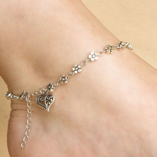 Alloy Anklet With Plum Blossom Heart Charms European Geometric Foot Chain For Beach Wear With Adjustable Chain