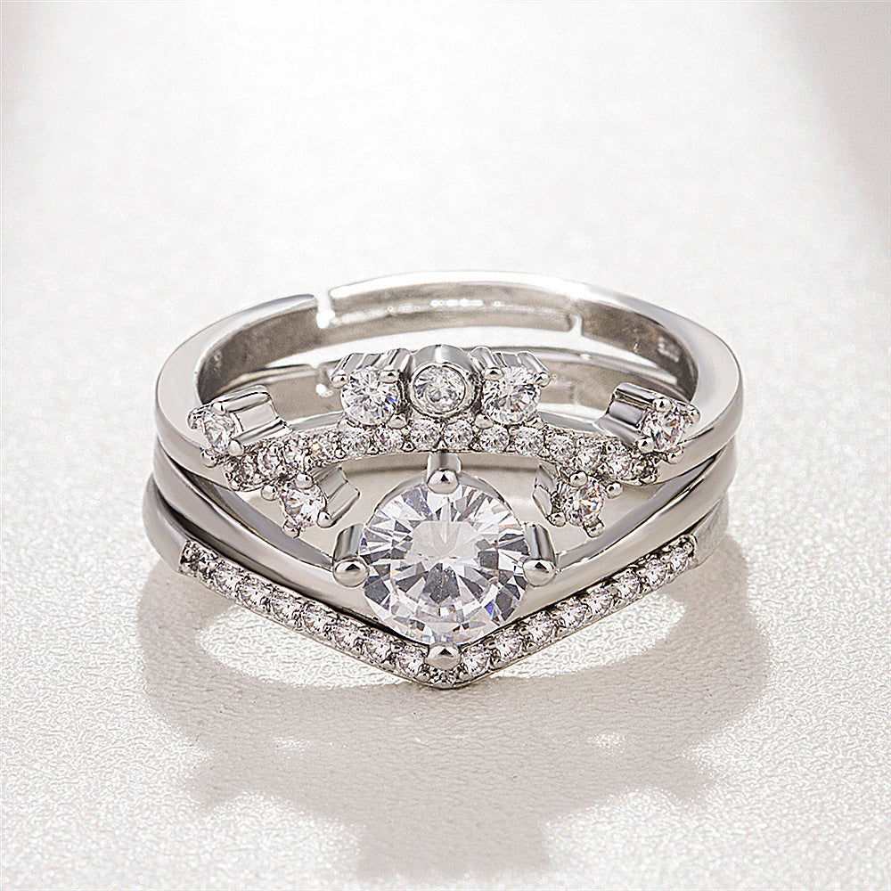 Couple Crown Ring Unisex Wedding Promise Engagement Anniversary Gift Platinum Inlaid Geometric Design Durable Jewelry