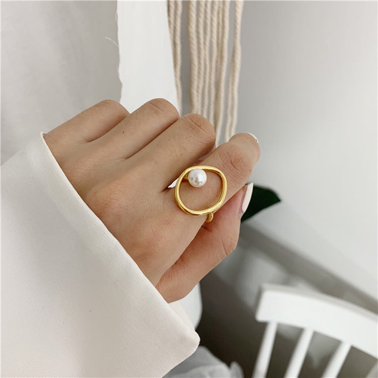 Women Adjustable Pearl Ring 18K Gold Plated Geometric Jewelry Gift For Her Holiday Style For Special Occasions