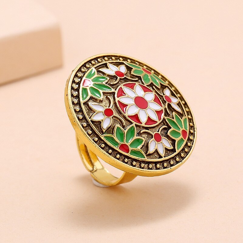Womens European Style Dripping Oil Round Ring With Alloy Inlaid Gemstones Individually Packed Jewelry Gift For Her