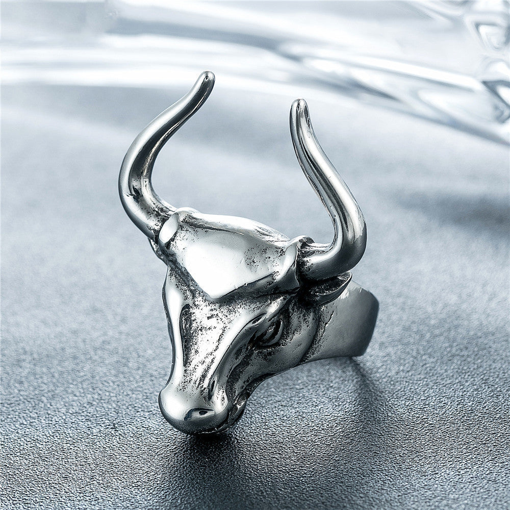 Retro Punk Bull Head Bull Men's Titanium Steel Ring