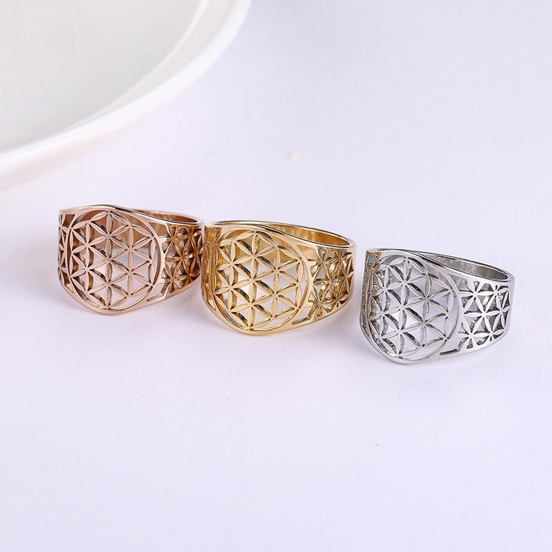 Stainless Steel Flower of Life Ring for Women Fashion Gift