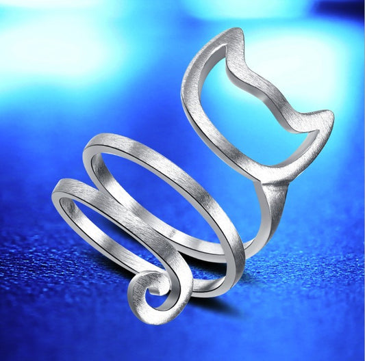 Adjustable Copper Cat Ring With Tangled Brushed Silver Finish Unisex Animal Jewelry For Everyday Wear European