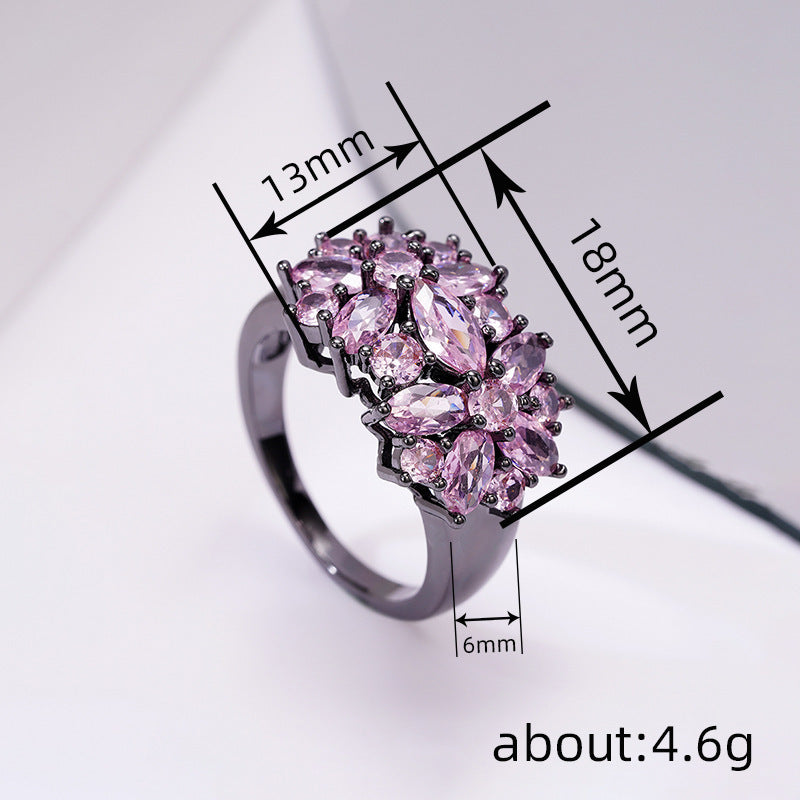Geometric Flower Design Zircon Inlaid Copper Ring For Women Black Gold Fashion Jewelry Daily Wear Timely Style