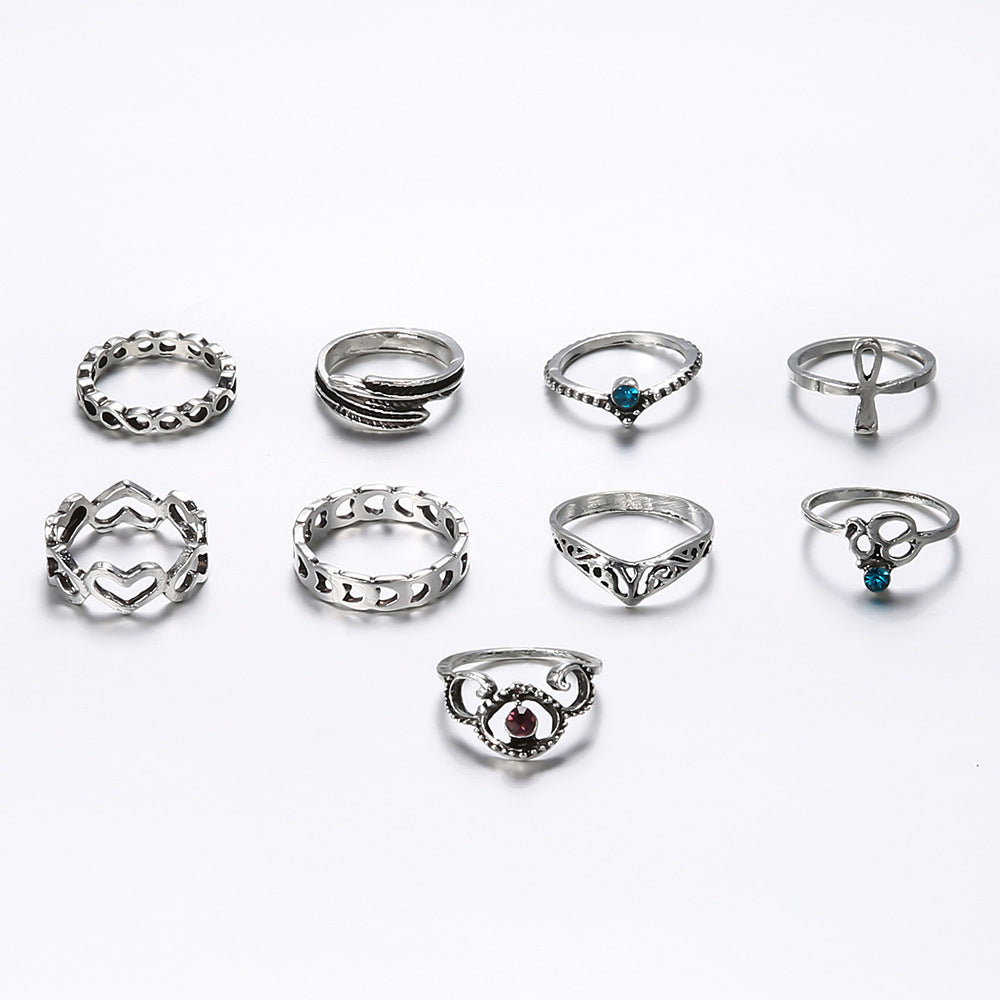 Womens Knuckle Rings Set Vintage Gemstones Carved Rings 9 Piece Alloy Heart Shaped Silver Tone Fashion Jewelry