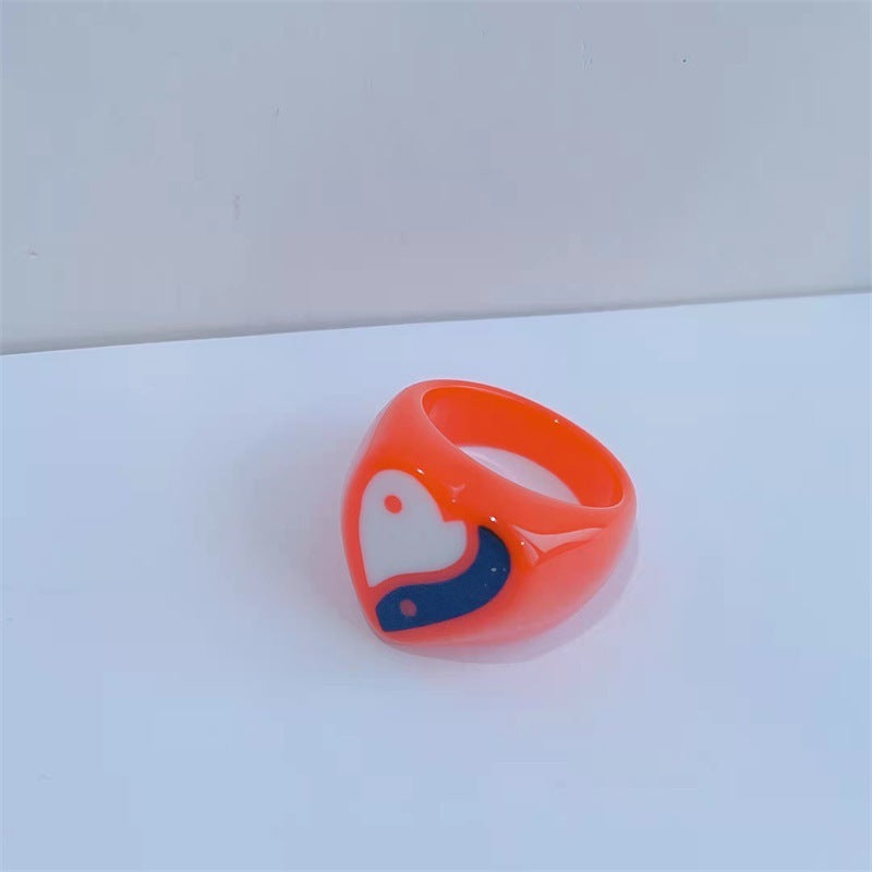 Geometric Resin Ring With Heart Eight Diagrams Design Fashion Ring 17mm Inner Diameter Yellow Red Purple Color