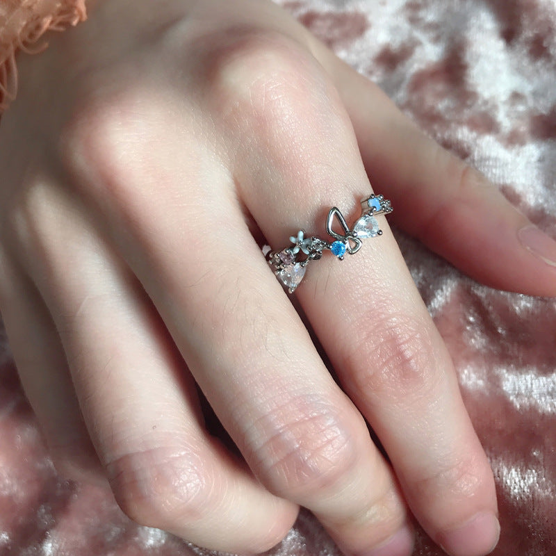 Womens Floral Wreath Ring Zircon Inlaid Copper Adjustable Romantic Japanese Inspired Elegant Jewelry For Festivals