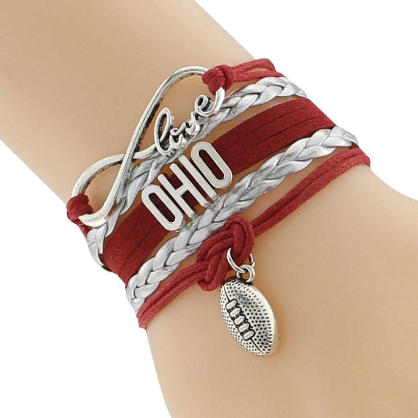 Red And Silver Ohio Bracelet With People Design Ball And Helmet Charm Jewelry Gift For Sports Fans Infinite Love