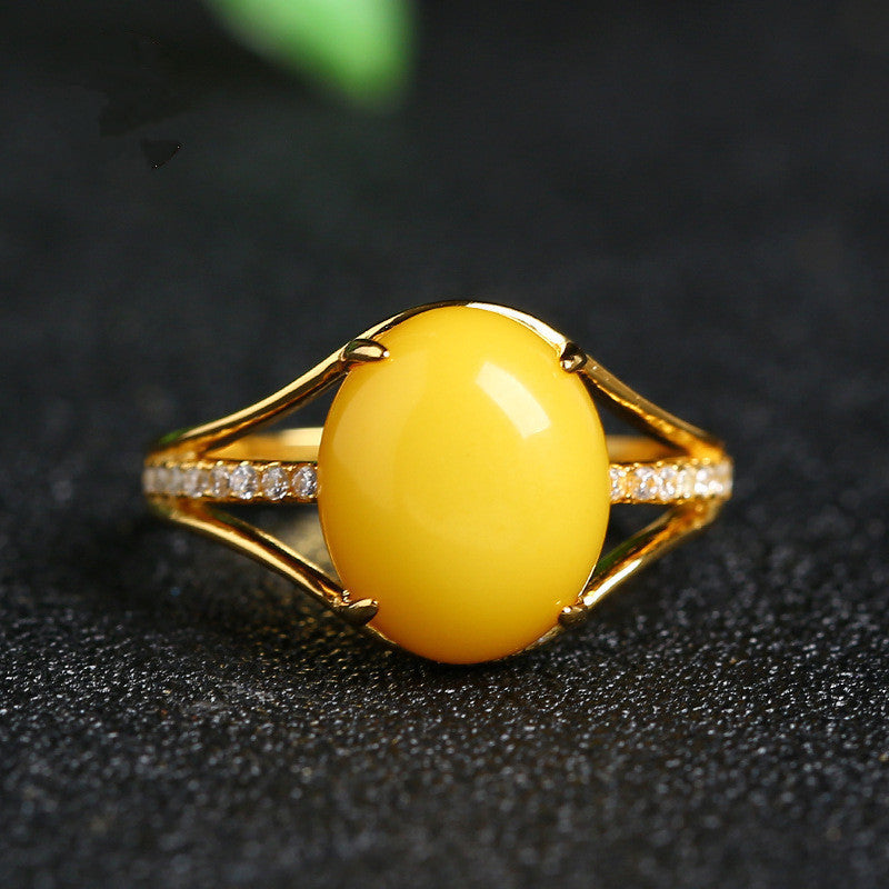 Womens Amber Beeswax Ring Adjustable Platinum Plated Gold Tone Elegant Fashion Jewelry Statement Gift For Hers