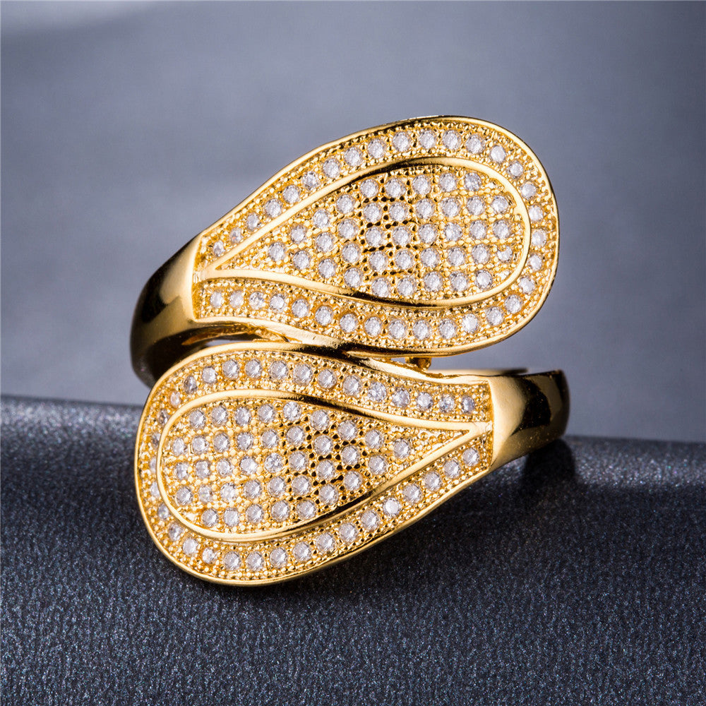 Gold Plated Leaf Ring with Zirconia Inlays and Artificial Gems for Women European American Style Elegant European Design