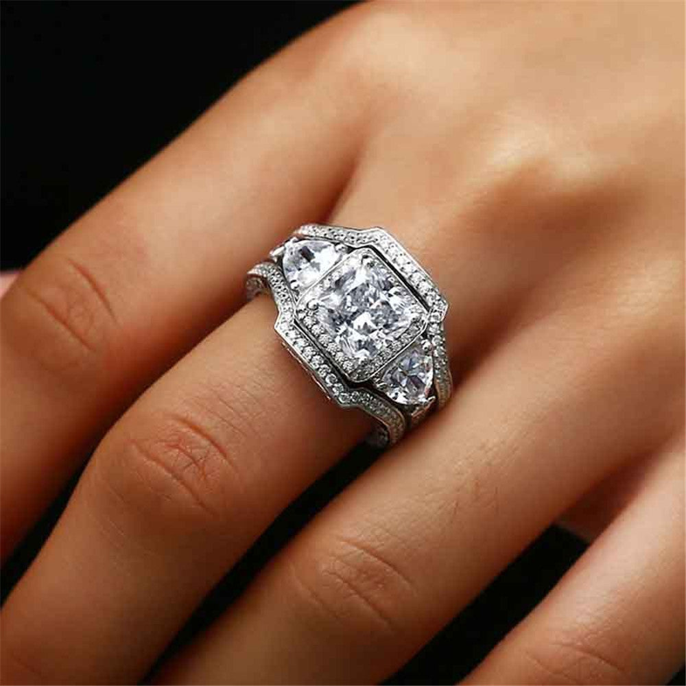 Womens Three Stone Alloy Engagement Ring With Vintage Inspired Anniversary Band Elegant Sparkling Jewelry Gift