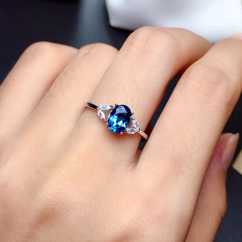 Adjustable Copper Ring With Dark Blue Artificial Sapphire Korean Fashion Geometric Exquisite Design Elegant Fit