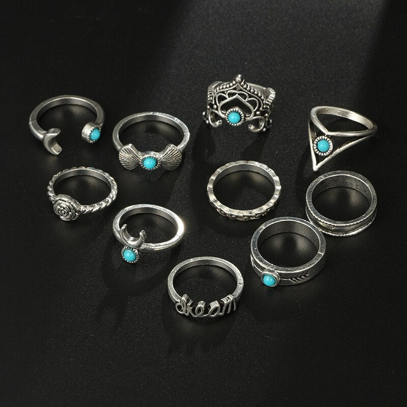 Womens Crescent Turquoise Ring Set With Alloy And Artificial Gems And Semi Precious Stones Fashion Jewelry Rings