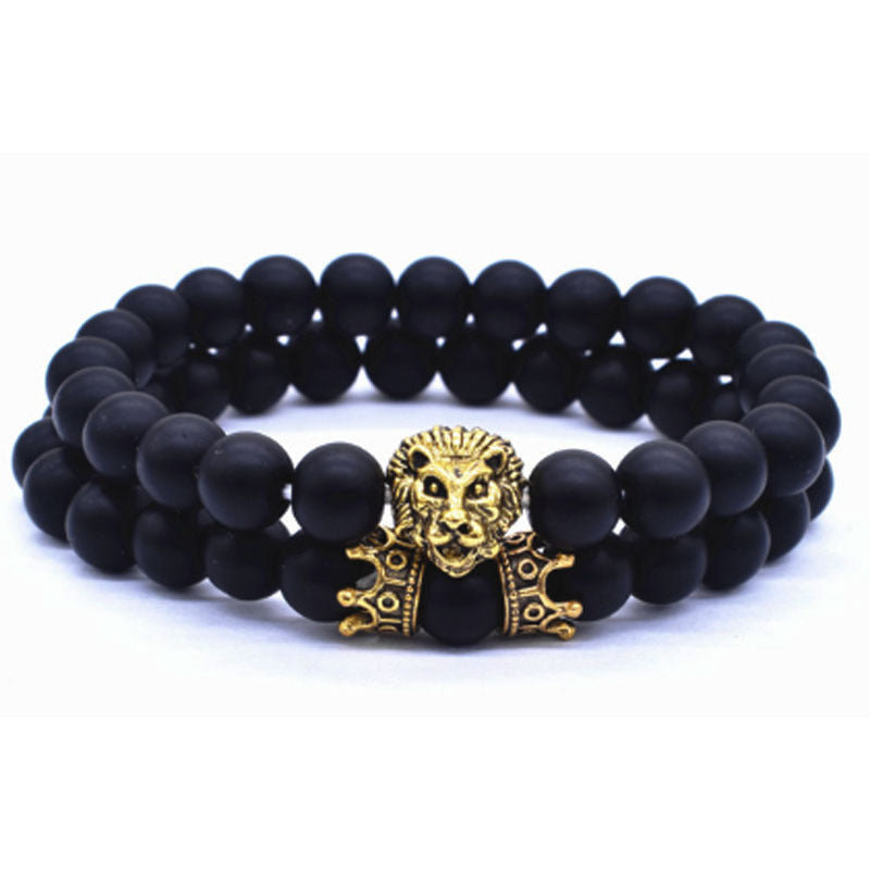 Lion Head Bracelet Crown Charm Alloy Bracelet For Men And Women Natural Stone Accents Adjustable Length 19cm Cord