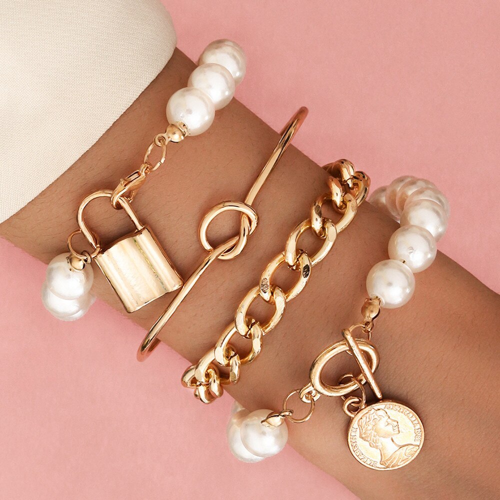 Bracelet Set 4 Piece Embossed Portrait Imitation Pearl Lock Design Punk Street Alloy Couple Bracelets Electroplating