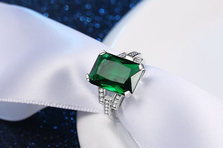 Emerald Square Ring White Gold Plated Copper Geometric Inlaid Gemstone Jewelry For Office Wear For Office Wear