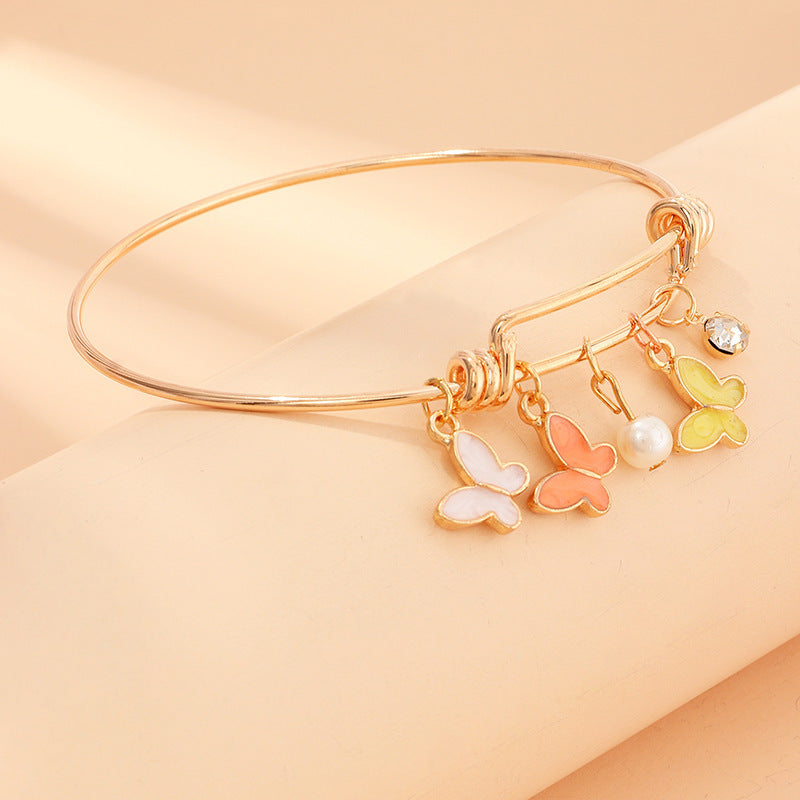 Womens Golden Floral Butterfly Pendant Bracelet Jewelry