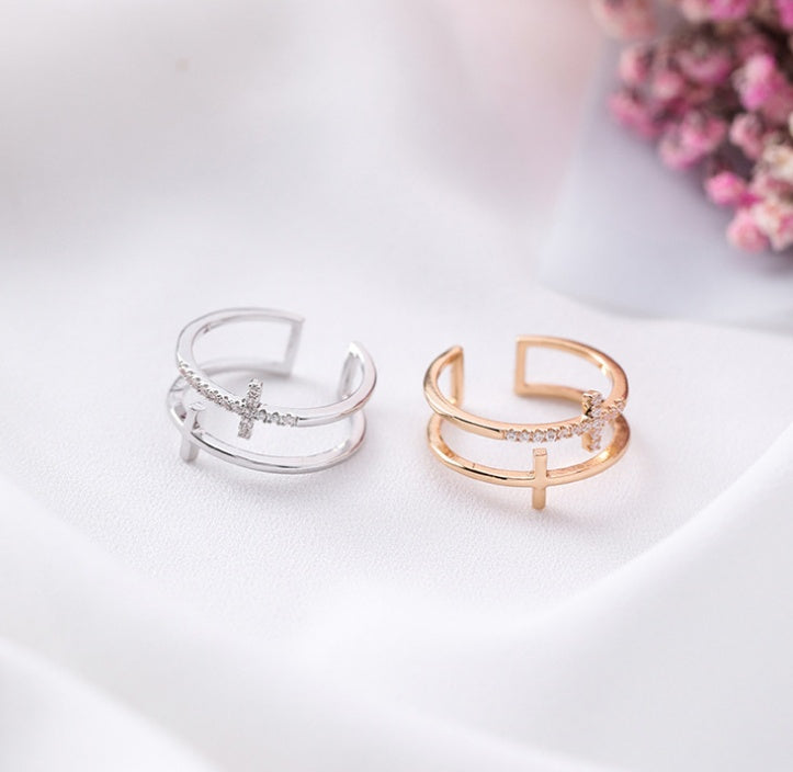 Womens Adjustable Copper Double Cross Ring Micro Set Geometric Fashion Jewelry Trendy Finger Ring Korean Style