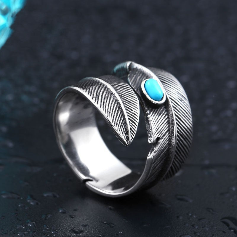 Unisex Titanium Steel Ring With Turquoise Inlaid Gemstone High Bridge Design Gold Plated Fashion Jewelry Everyday Wear