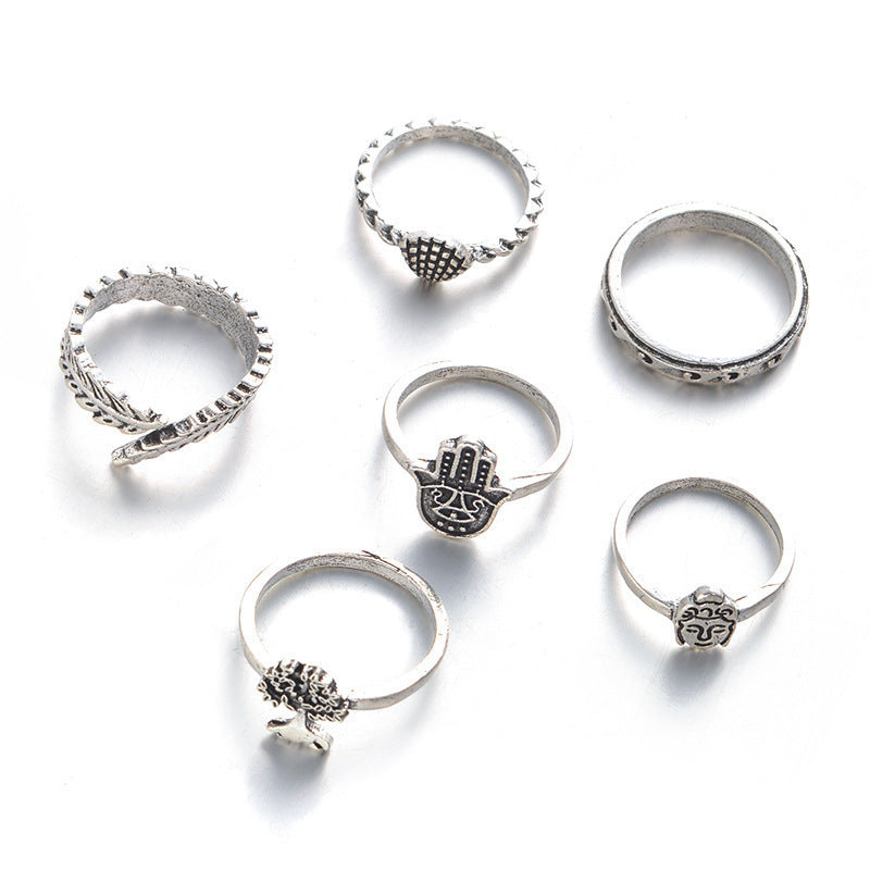 Womens Vintage Carved Alloy Rings Set European American Geometry Design Palm Leaf Ring Tail Ring Electroplated