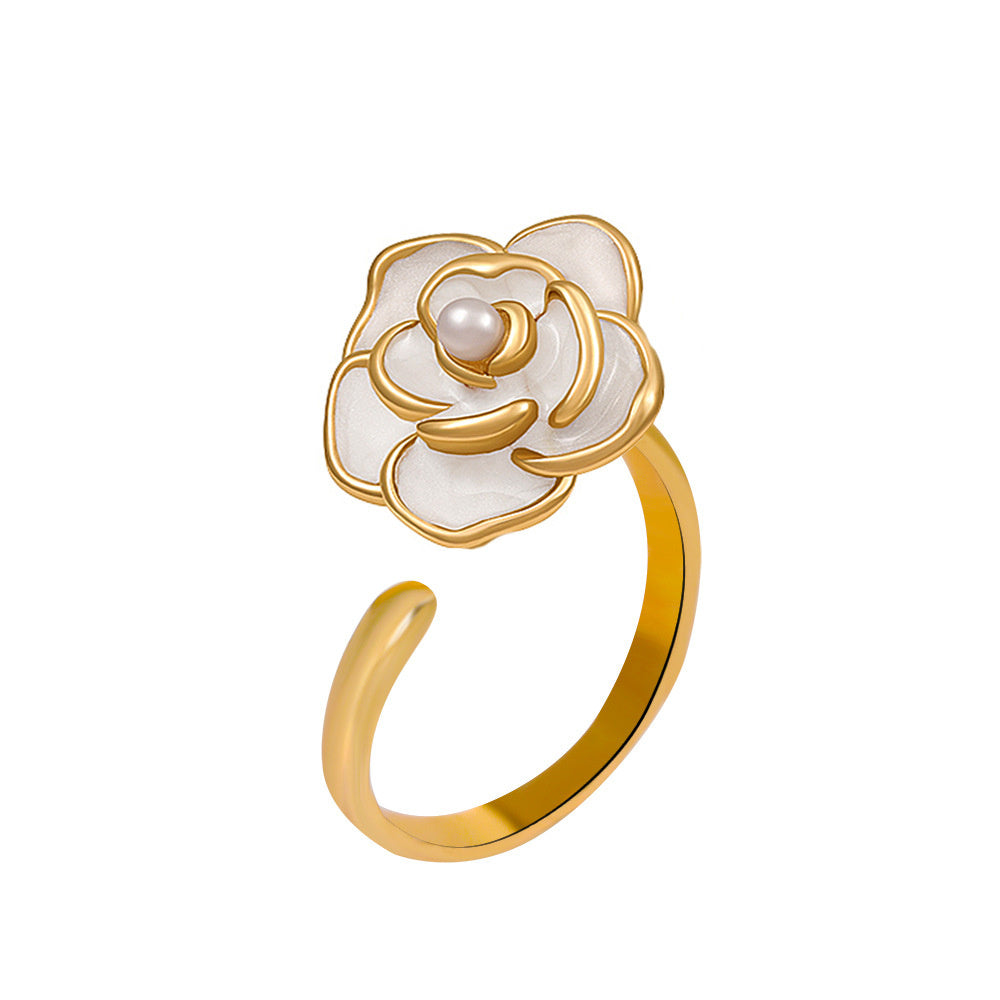 Womens Floral Camellia Ring Alloy Gold Plated Vintage White Flower Fashion Ring Gift For Her Elegant Accessory
