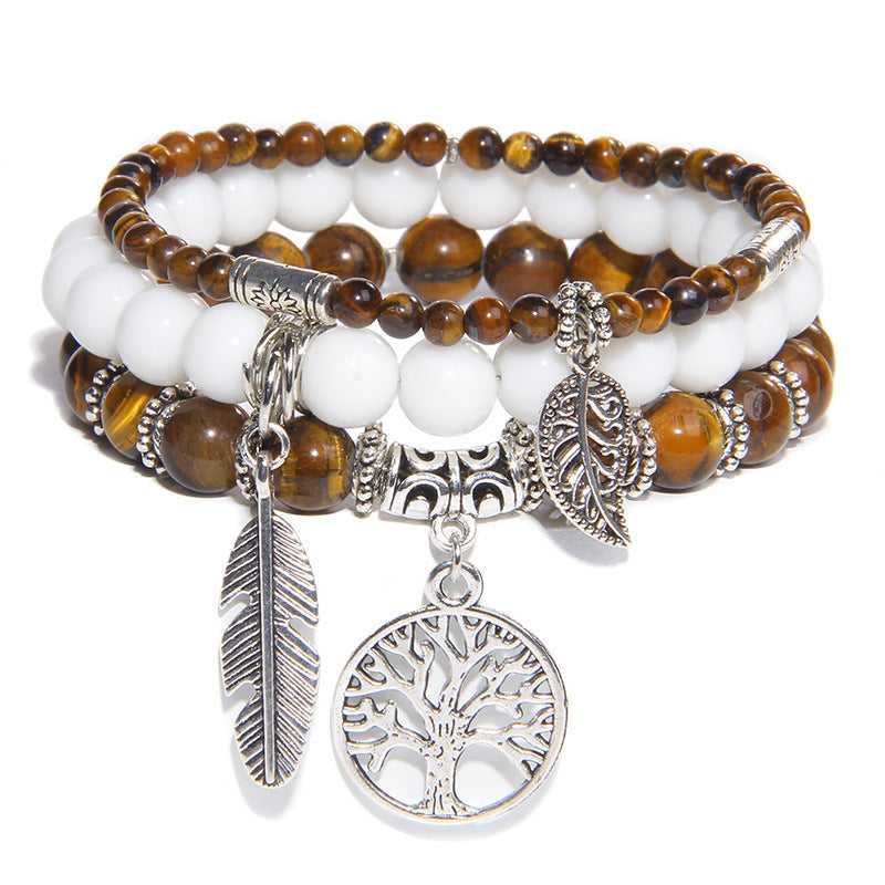 Unisex Agate Beads Bracelet Set With Tree Of Life Pendant