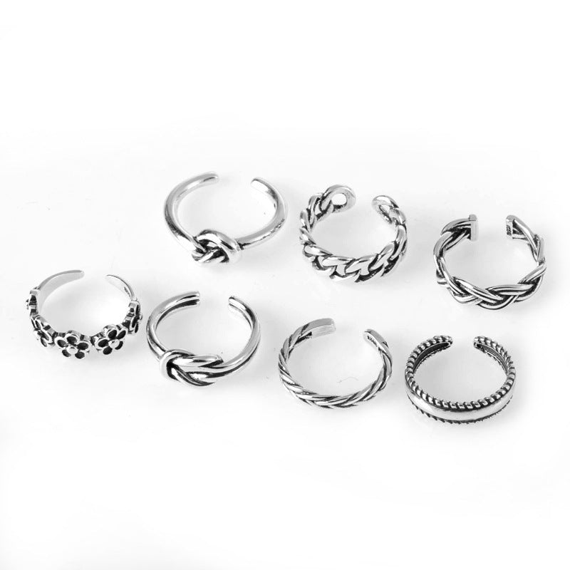 Womens Retro Knotted Alloy Ring Set Geometric Shapes Adjustable Opening Electroplated Finish 7 Piece Collection