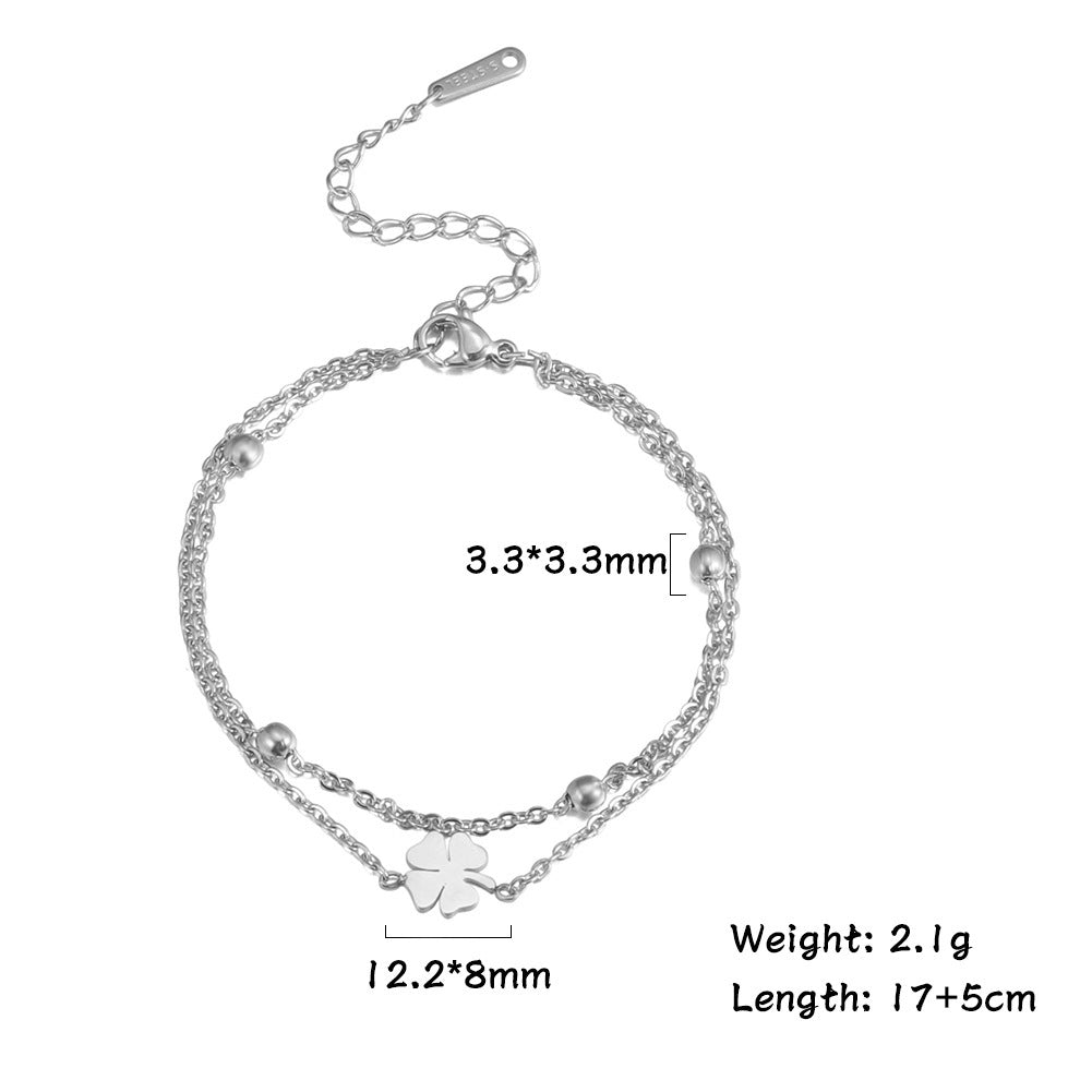 Couples Bracelet Sweet Four Leaf Clover Beads Double Layer Stainless Steel Lightweight Bracelet Employee Gift