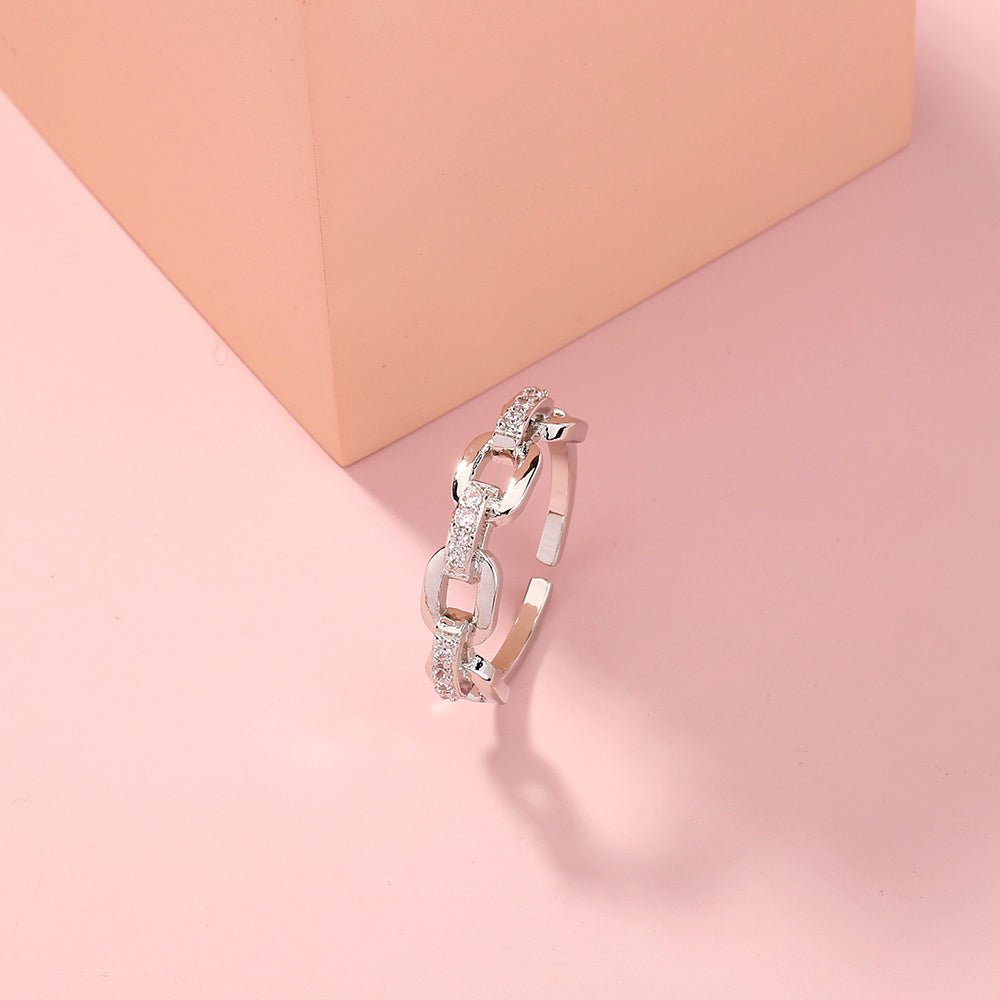 Open Ring Micro Inlaid Zircon Ring Bamboo Link Chain Copper Ring Adjustable Fashion Jewelry For Women Trendy Accessory