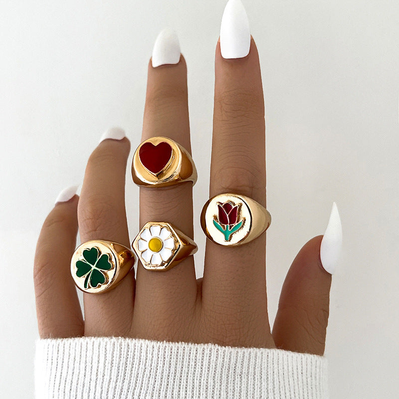 Womens Rhinestone Heart Ring Sets Alloy Inlaid With Artificial Gems Animal Zodiac Electroplated Rings For Women