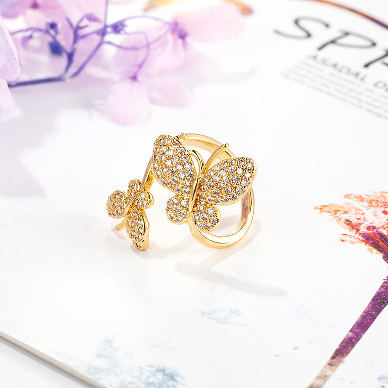 Womens Butterfly Ring With Rhinestones Gold Plated Copper Adjustable Open Band Korean Fashion Jewelry Gift Now