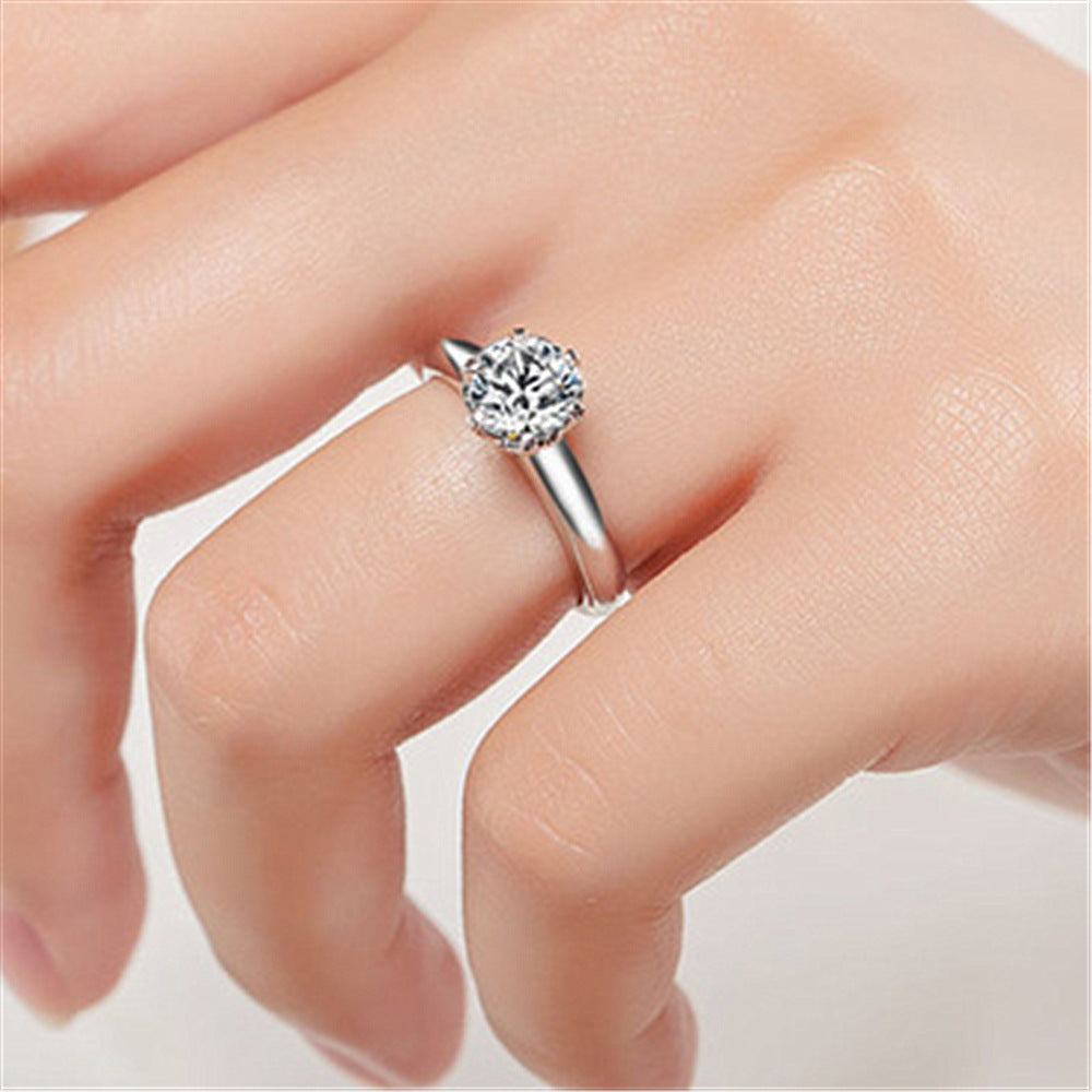 Ladies Crystal Zircon Six Claw Ring Platinum Plated Copper Engagement Wedding Anniversary Statement Elegant Ring