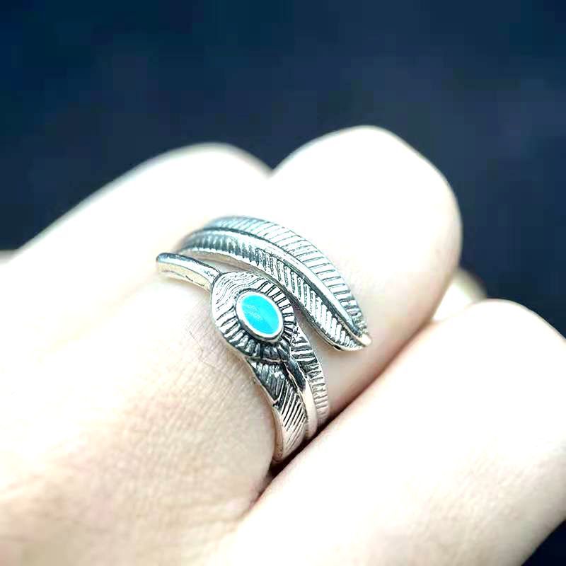 Silver Inlaid Leaf And Feather Ring Zinc Alloy Jewelry European American Design Ring Travel Memorial Gift Ring For Men
