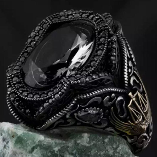 Mens Adjustable Ring Black Gemstone Copper Two Tone Geometric Design Ring For Men Retro Scales Pattern Details Today