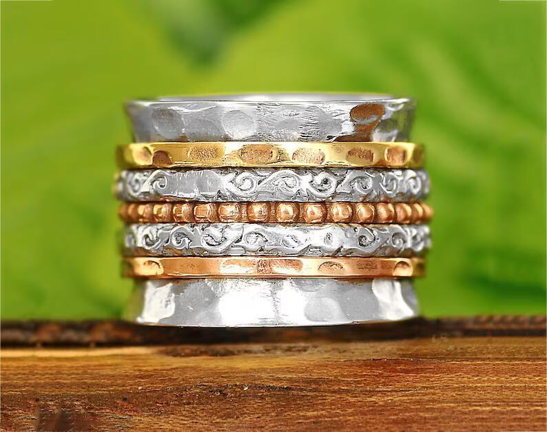 Womens Geometric Alloy Ring Rotatable Antique Silver Finish