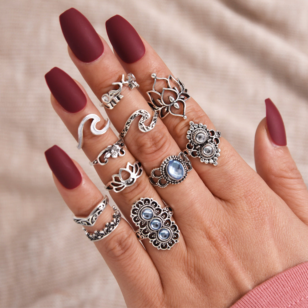 Womens Fashion Rings Set 11 Pieces Vintage Knuckle Ring Palm Crown Diamond Encrusted Lotus Wave Elephant Style