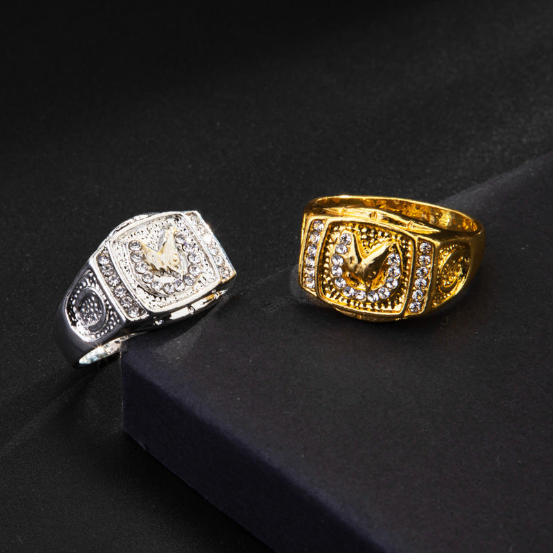 Horse Head Ring Alloy Metal Electroplated Gemstone Inlaid Hip Hop Jewelry Animal Design Bold Fashion Accessory