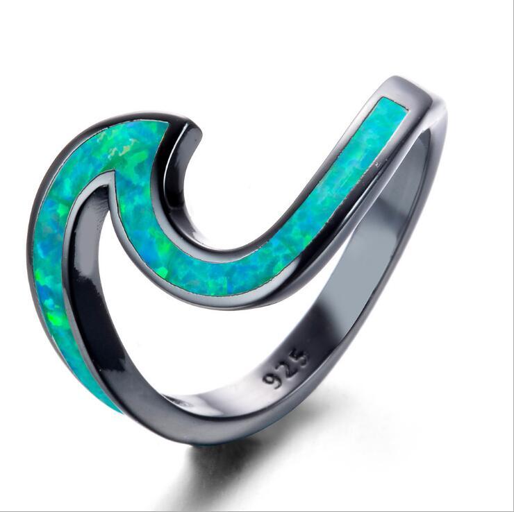 Womens Heart Ring Gold Plated Black Opal And White Ocean Wave Design Heart Shaped Jewelry For Women Size 5 To 10