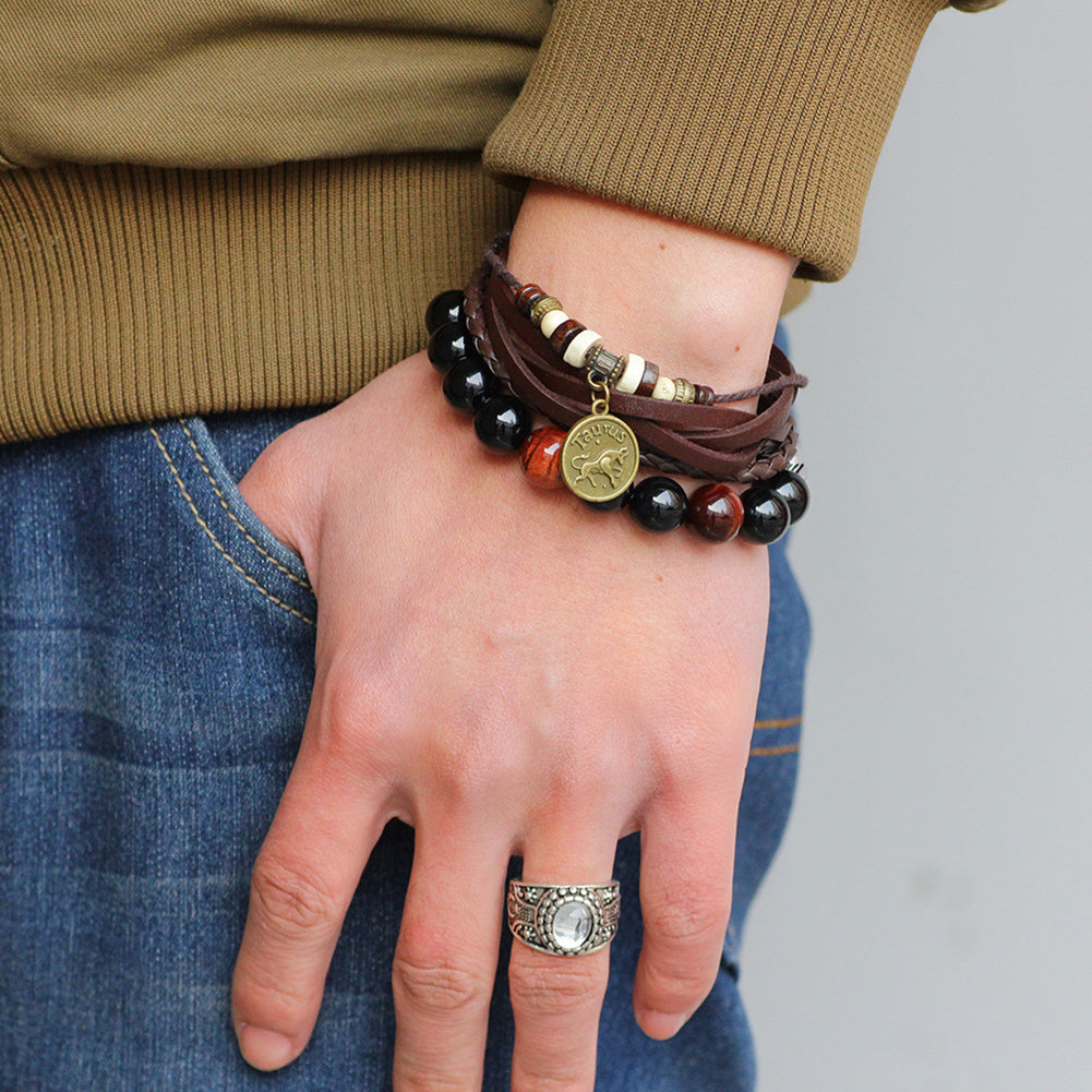 Unisex Astrological Sign Bracelet With Coin Charm And Layered Leather Bangle For Festival And Daily Wear Gift