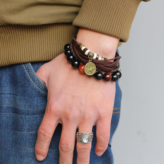 Unisex Astrological Sign Bracelet With Coin Charm And Layered Leather Bangle For Festival And Daily Wear Gift
