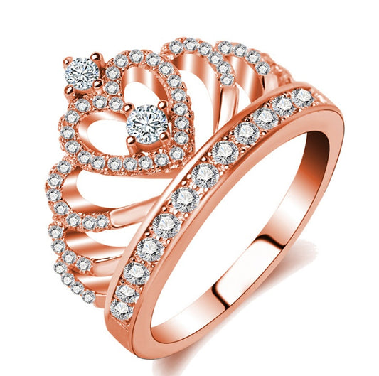 Princess Style Cubic Zirconia Hollowing Heart Silver Rose Gold Crown Ring Jewelry for Party Engagement Wedding