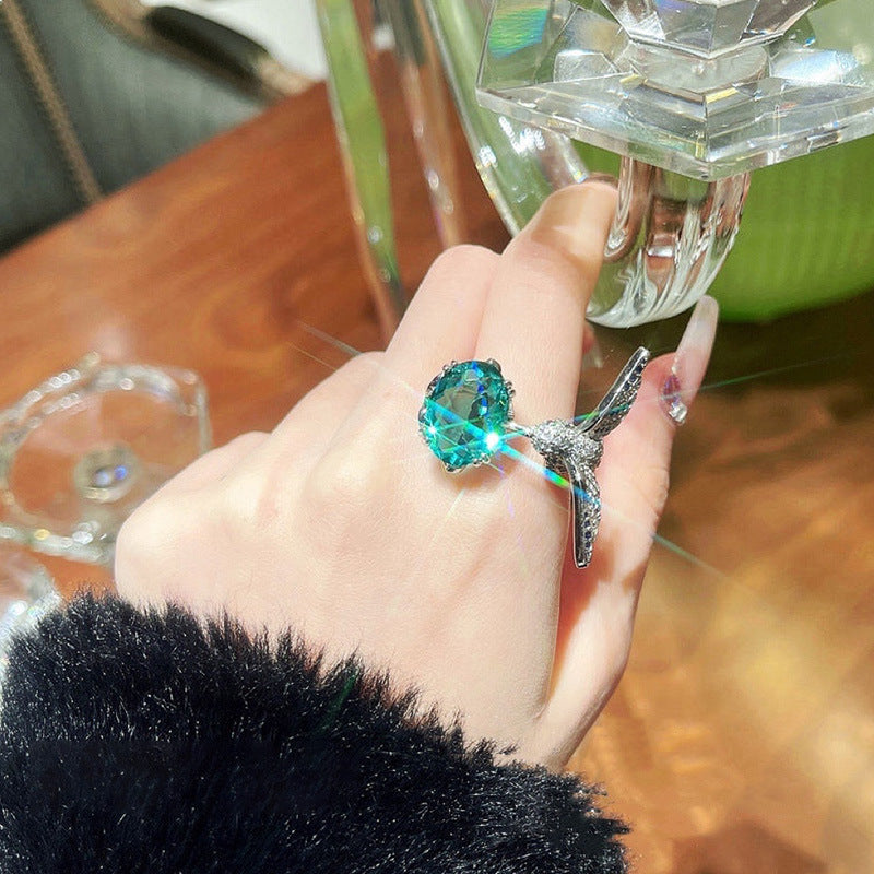 Women Adjustable Hummingbird Ring Copper Plated with Gold Inlay Semi Precious Stone Peacock Green Diamond Jewelry