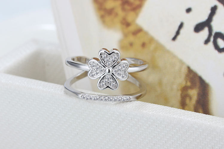 Womens Adjustable Four Clover Flower Ring Diamond Accent Gemstone Copper Plated Platinum Jewelry Gifts For Her