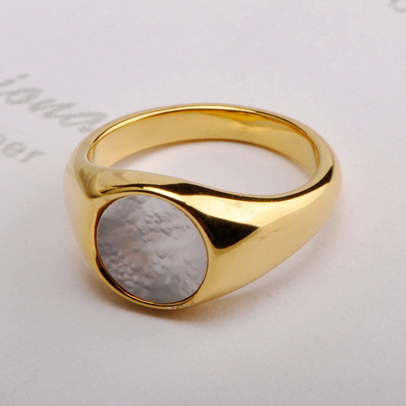 Geometric Titanium Steel Ring with Round White Mother of Pearl Shell for Women Elegant Gold Tone Finish Styles