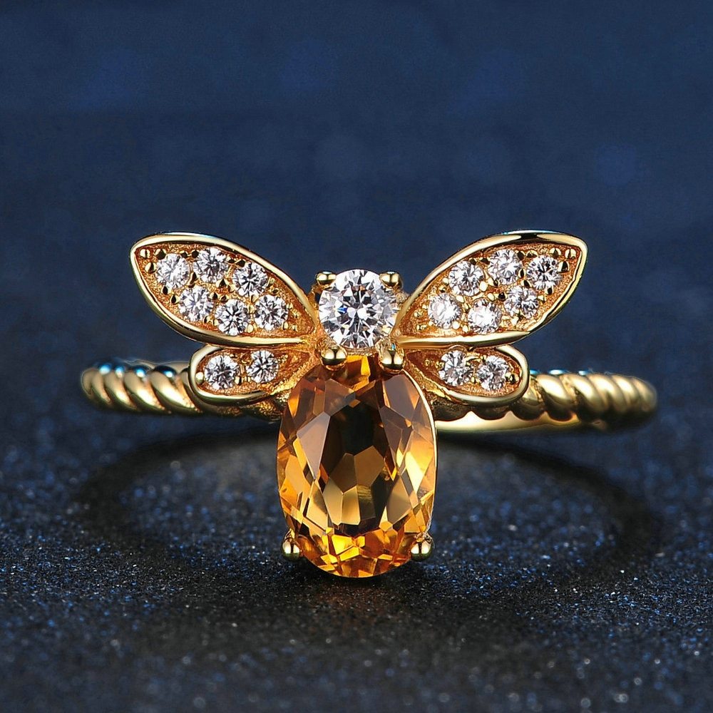 Citrine Bee Ring 925 Sterling Silver Adjustable Jewelry Nature Inspired Beast Theme for Women Gemstone Jewelry