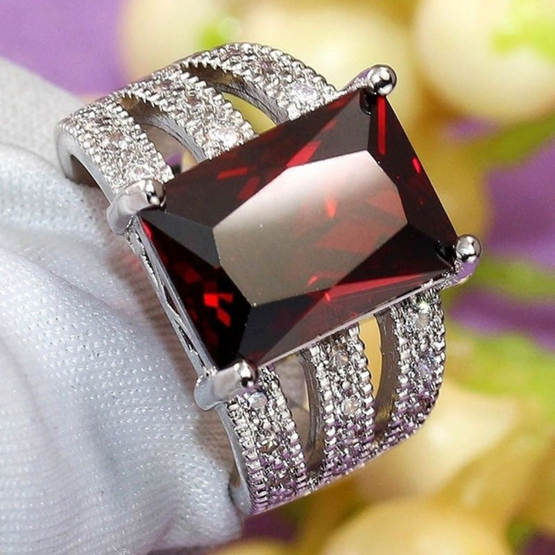 Garnet Red Zircon Skeleton Ring Platinum Plated Copper Jewelry Unique Design Gift For Her Bold Fashion Jewelry